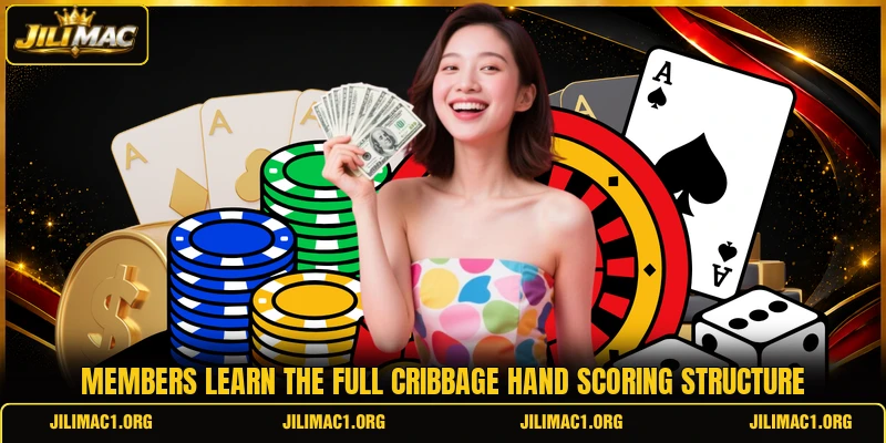 Members learn the full cribbage hand scoring structure Members learn the full cribbage hand scoring structure